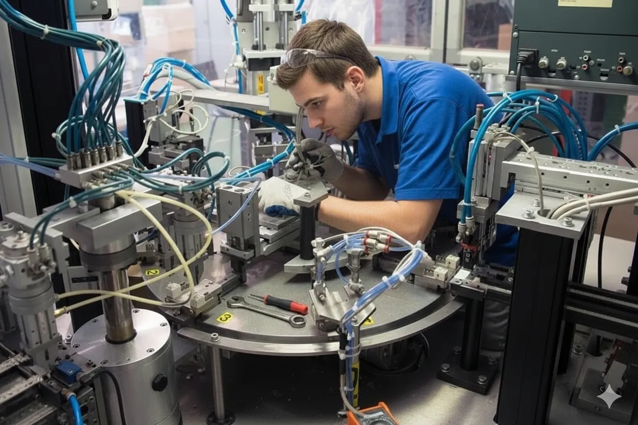 Profissionais aprendendo com recursos visuais do curso de Pneumática e Hidráulica